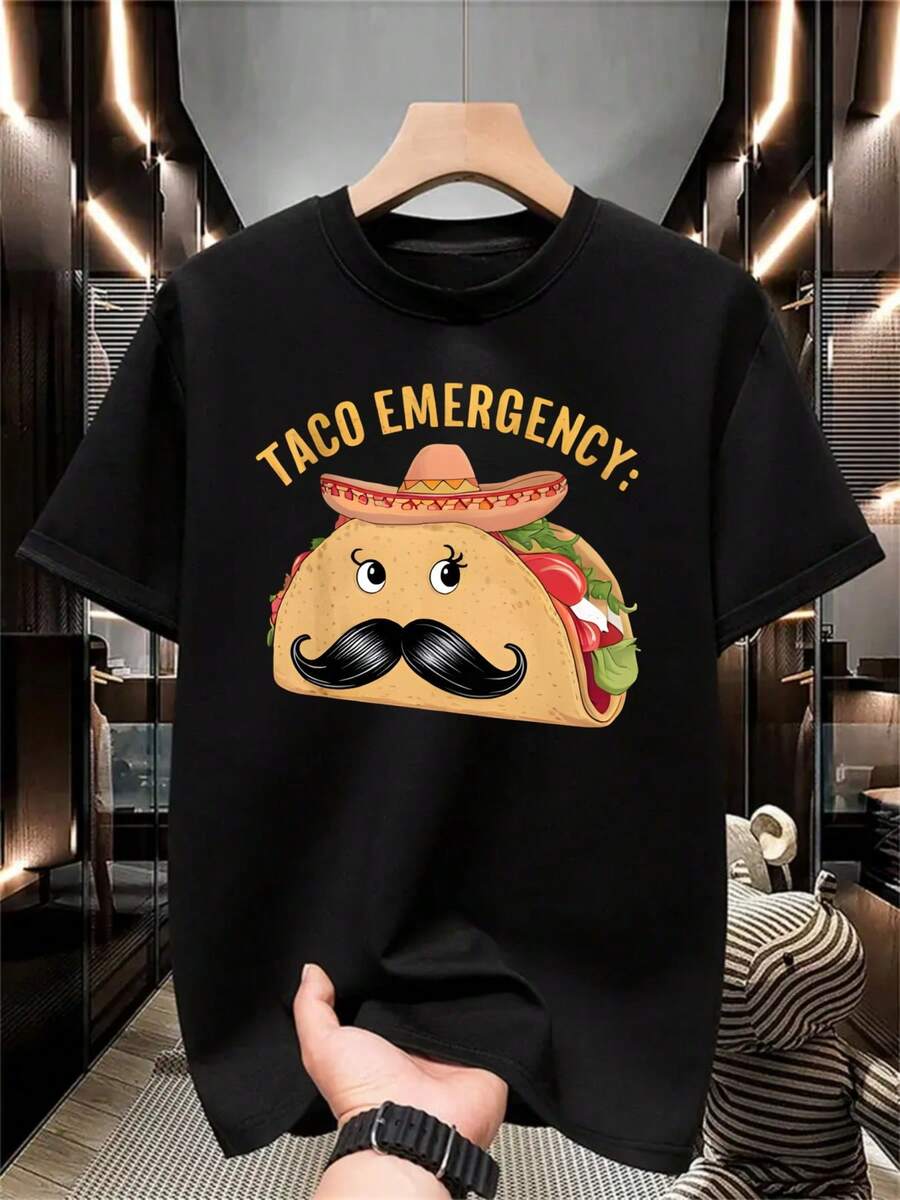 Camiseta Taco Emergency Con Taco Con Bigote Estilo Humorístico, 100% algodón playeras de hombre casual,regalo para hombre - Negro - Ver 1