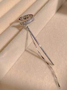 一对长款优雅C形镶嵌水钻流苏女士耳夹耳环 - 銀色 - 查看 4