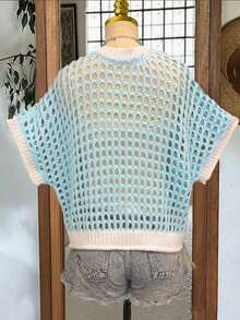 Women's Casual Comfortable Hollow-Out Blue Top, White Trim Contrast Yellow 3D Floral V-Neck Pullover Sweater, Suitable For Daily Casual, Beach, Holiday Summer - Baby Blue - View 4