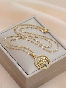 1pc Design Double Circle Life Tree Pendant Necklace, Unique High-End Necklace Suitable For Men And Women, Party, Gathering, Daily Wear, Exquisite Holiday And Birthday Gift - Multicolor - View 2