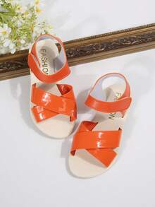 儿童凉鞋一双，2026夏季新款，时尚百搭，圆头平底，防滑，橙色、红色，交叉绑带魔术贴沙滩罗马凉鞋 - 橘色 - 查看 3