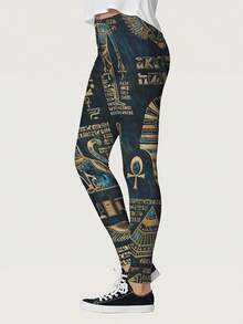 Women's Print Leggings - Premium Super Soft Stretchy Fabric, Bold Color Block & Egyptian Hieroglyphic Print, Machine Washable Casual Yoga Pants For Spring Summer Fall, Seasonal Fashion, Comfortable Fit - phong cách - Xem 4