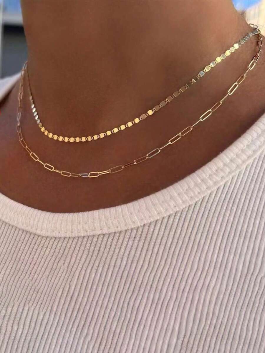 Tkool 2pcs Copper Smooth Punk Street Style Paperclip Design Necklace Chain, Women Choker Necklace