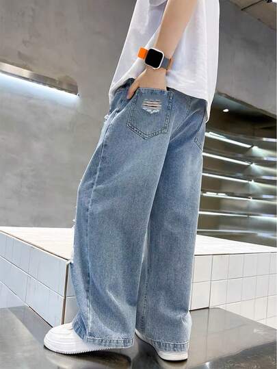 Quần jeans ống đứng cạp cao rách thoải mái phong cách đường phố cổ điển cho bé trai tuổi mới lớn, quần denim rộng rãi, giản dị dành cho thanh thiếu niên và trẻ em lớn