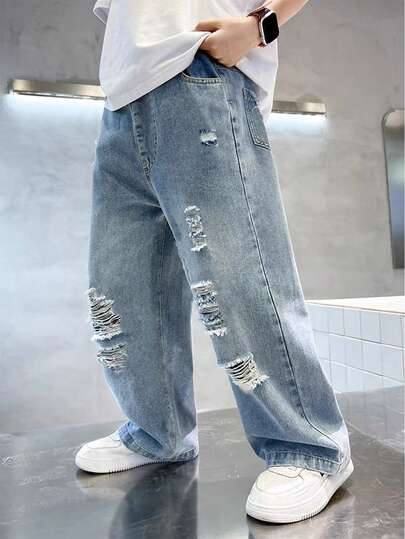 Tween Boys Vintage Streetwear Ripped Relaxed Fit High Waist Straight Leg Jeans, Casual Loose Denim Pants For Teenagers & Big Kids