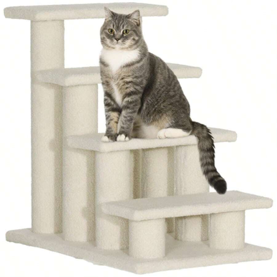 PawHut Pet Stairs For Dogs And Cats, 4 Steps, Beige Plush, 63.5 X 43 X 60 Cm, Ideal For Senior Pets - Apricot - View 1