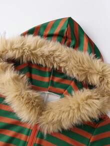 Women's Striped Hooded Jumpsuit Pajama Front Zip Up Bodysuit Fashionable Long Sleeve Slim Fit Soft Loungewear - 軍綠色 - 查看 8