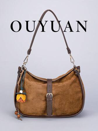 Vintage Brown Suede Textured Hobo Shoulder Bag, Niche Metal Buckle Decor Handbag For Women, Versatile Bag For Daily Commute/Dates/Parties, Unique Flower Pendant + Retro Cut, Fashion Luxury Retro Item, Ideal For Holiday Gifting & Personal Styling