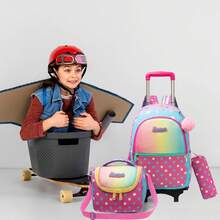 女童拉杆背包，适合8-12岁女孩，可爱带轮书包，带午餐盒，返校用品