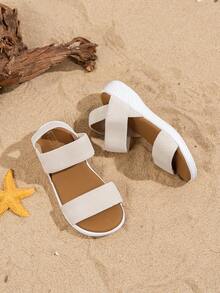 A Pair Of The Latest Summer Woven Strap Double-Band Sandals For Children - Beige Design, Comfortable, Simple, Casual And Fashionable. It Is An Excellent Choice For Daily Outings, Campus Life, Shopping In The Mall, Strolling In The Park And Playing By The Seaside. It Can Be Easily Matched With All Kinds Of Children's Clothing