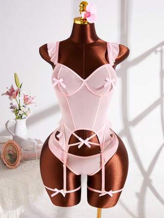 3-Piece Women's Sexy Lingerie Set Adjustable Straps With Lace Trim V-Neck Top With Bow Detail Cross-Front Thong Adjustable Garter Belt Seductive Semi-Sheer Underwear Set For Home