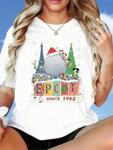 Epcot Christmas  And Friends Holiday T-Shirt Walt  World Since 1982 Women's Graphic TeeDisney Fun Print, Merry Christmas, New Year, Christmas Party Dress, Women's Round Neck T-Shirt, 220gDisney Fun Print, Merry Christmas, New Year, Christmas Party Dress, Women's Round Neck T-Shirt, 220g - White - View 1