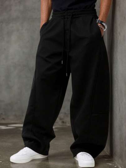 Erkek Düz Renk Bağcıklı Bel Cepli Rahat Bol Eşofman Altı, Bol Kesim Gri Spor Pantolonu