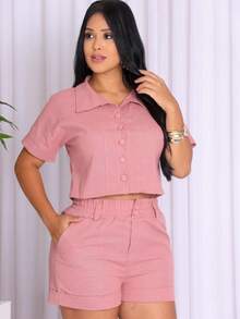 Women's Linen Set Consisting Of Shorts And A Short-Sleeved Blouse. - 乾枯玫瑰色 - 查看 1