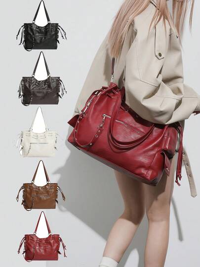 Large Rivet Strap Decor Motorcycle Bag Vintage PU Tote Bag, Spacious Shoulder Bag, Fashionable Commuter Crossbody Bag Suitable For Women Daily Use