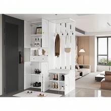 Wardrobe Set, Wall-Mounted Cabinet; Wardrobe Set With Shoe Bench And Shoe Rack, 4 Hooks, 6 Doors, 2 Drawers, White Living Room Furniture (110*180*37cm) - White + Particle Board - View 8