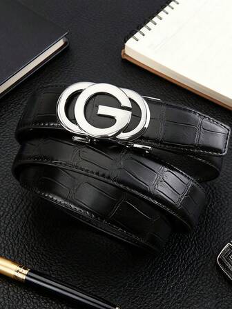 1pc Men's Automatic Buckle G Letter Buckle Crocodile Grain Casual Belt, Solid Color Waist Belt For Youth, Suitable For Home, Party, Travel, 120cm Length