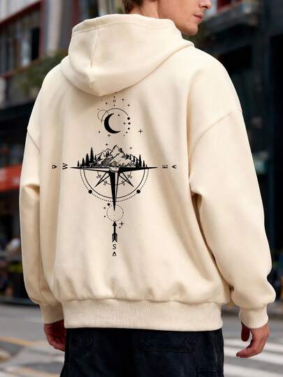 Teen Boy Letter Compass Pattern Casual Hooded Sweatshirt. Suitable For Spring And Autumn Seasons. Suitable For Students To Wear When Daily Wear, Party, School, Attending Music Festivals, Vacation, Commuting. Can Be Given As A Gift To Family, Boyfriend, Girlfriend, Friends