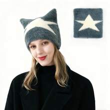 Women Hat Scarf Gloves Set, Soft Warm Cat Ear Beanie Knit Gloves Neck Warmer Fashion Accessories - Dark Grey - View 3