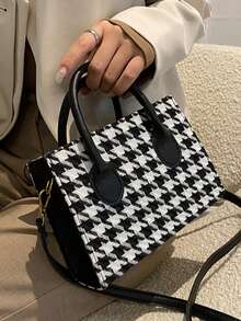 1 Piece Fashion Thousand Bird Check Handbag Square Bag Zipper Opening Shoulder Strap Adjustable Crossbody Bag Suitable For Women's Daily Casual Use - Black - View 1