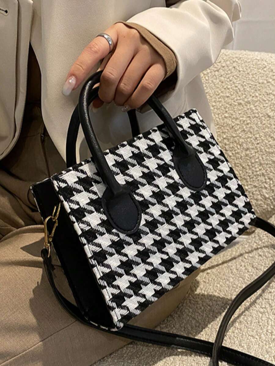 1 Piece Fashion Thousand Bird Check Handbag Square Bag Zipper Opening Shoulder Strap Adjustable Crossbody Bag Suitable For Women's Daily Casual Use - Black - View 1