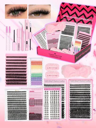 1844片、280片、200片、640片、140片、464片、120片D型卷翘睫毛嫁接套装，30D、40D、50D、80D D型卷翘单根睫毛嫁接套装，自然睫毛簇，颜色可定制，睫毛簇长度9-16毫米，套装包含睫毛胶水、卸妆液、定型液、睫毛刷和镊子等工具，适合日常通勤和派对DIY妆容。