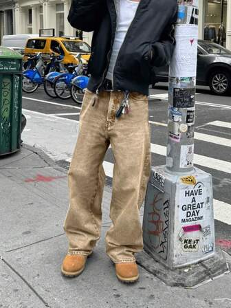 青少年休闲宽松直筒牛仔裤，Y2K 时尚个性街头风，百搭纯色