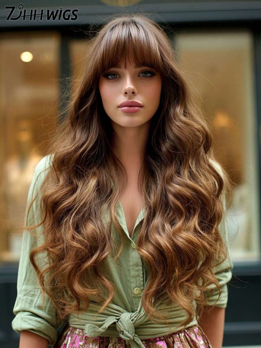 7JHH WIGS High Quality 24-Inch Long Body Wave Brown-Blonde Ombre Wigs For Women Fashion Synthetic Wavy Curly Wig With Bangs Dark Roots, Heat-Resistant Fiber Full Machine Fake Hair, Beginners Glueless Costume Wigs For Daily Party Wear, Music Festivals Cosplay Use - 金色 - 查看 1