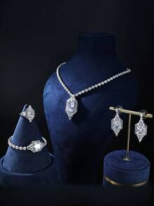 4pcs Platinum Plated Cubic Zirconia Minimalist Main Stone Pendant Set - Adjustable Ring, Bracelet, Earrings, Necklace, Versatile Luxury Jewelry For Women, Suitable For Party And Daily Wear - Simple Main Stone 4-piece Set - View 4