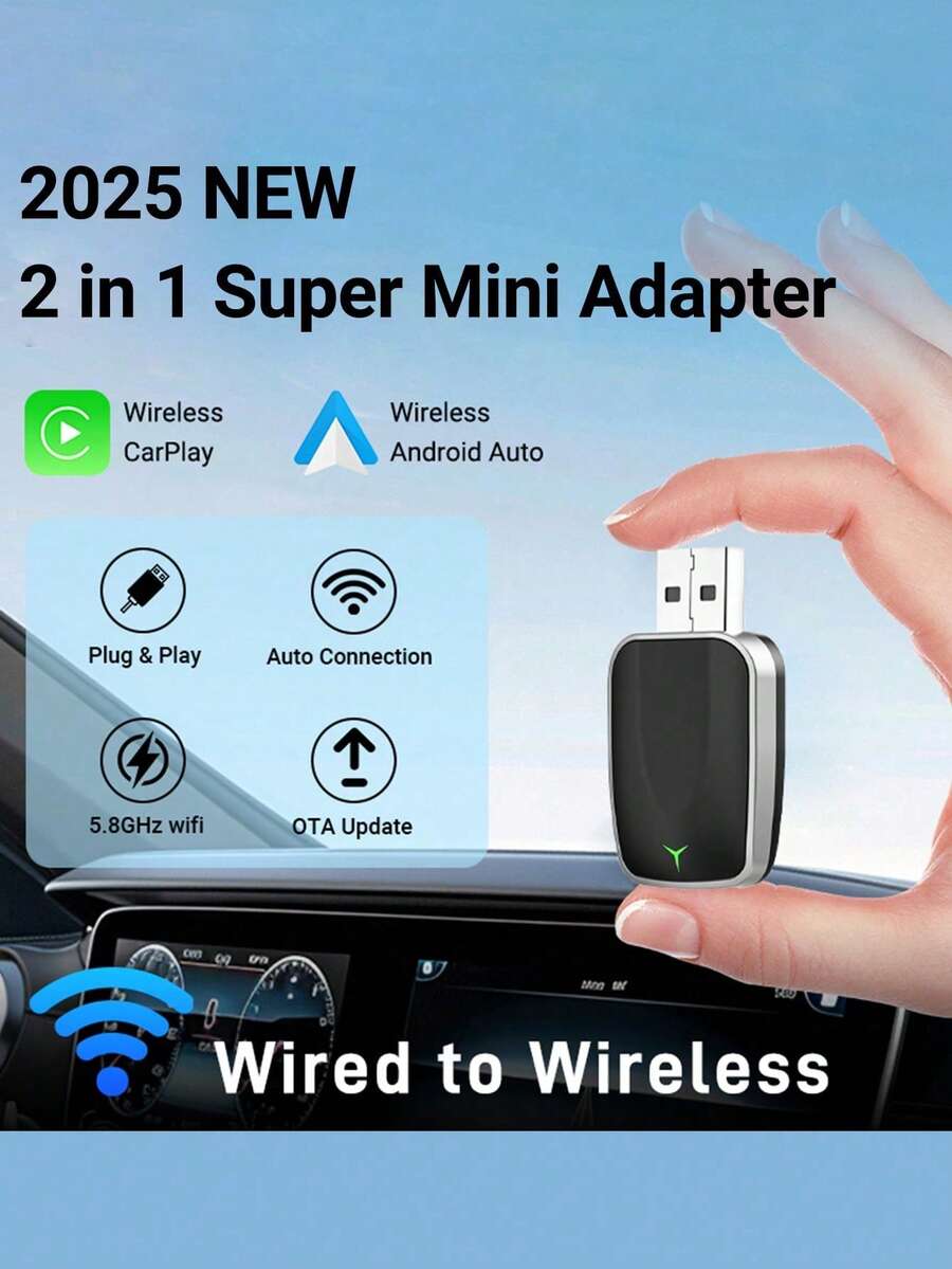 XUDA Acodo 2025 New Wireless CarPlay Android Auto 2 In 1 Mini Car Multimedia Player Box Wired To Wireless Car Adapter Maintains Original Car Functions Wireless Connection Plug And Play Suitable For 99% Of Original Cars
