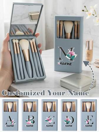5 st Anpassat namn Kvinnor Sminkborstefodral Kosmetisk borstsats Organiseringsset med spegel Bärbar borstlåda Förvaringshållare med namn Anpassat personligt gör-det-själv-mönster Resetillbehör för fickväska Pulver Nose Foundation Eye Smudge Shadow Borste Vattentät behållare