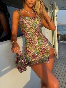 Women Sparkly Sequin Mini Dress Y2k Contrast Shining Split Slim Fit Sleeveless Sundress Summer Stylish Sexy Bodycon Going Out Party Dress Streetwear - 香檳色 - 查看 3