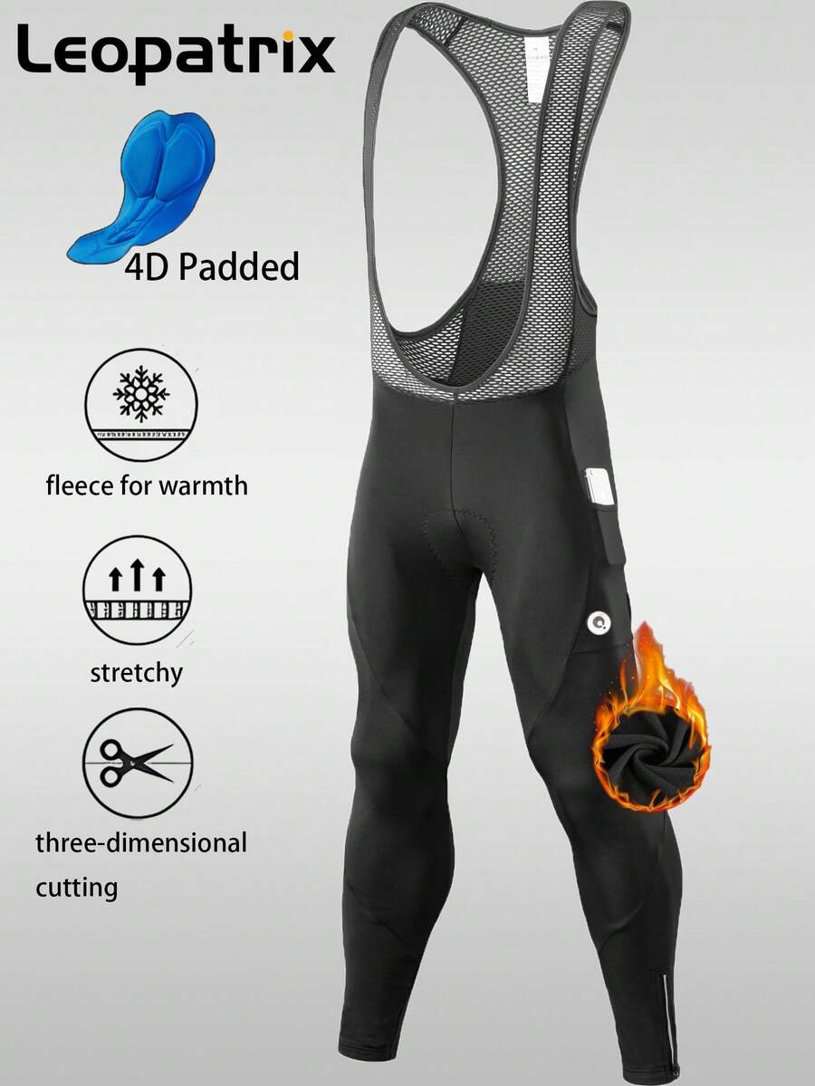 LEOPATRIX Men's Winter Warm Cycling Bib Pants, 4D Thick Waterproof Cycling Tights, Cold-Proof Warm With Pockets - Black - View 1