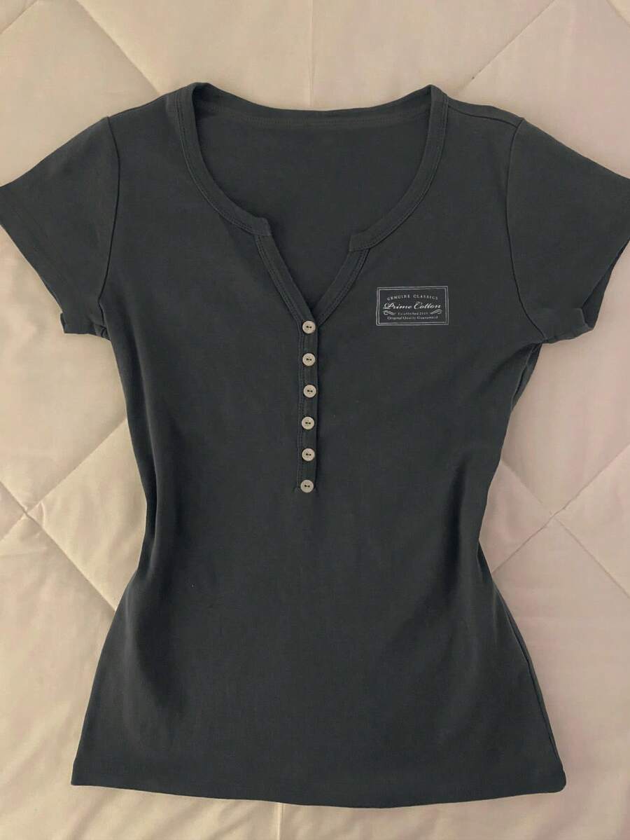 Camiseta de mujer de moda casual de unicolor con estampado, para verano - Gris - Ver 1