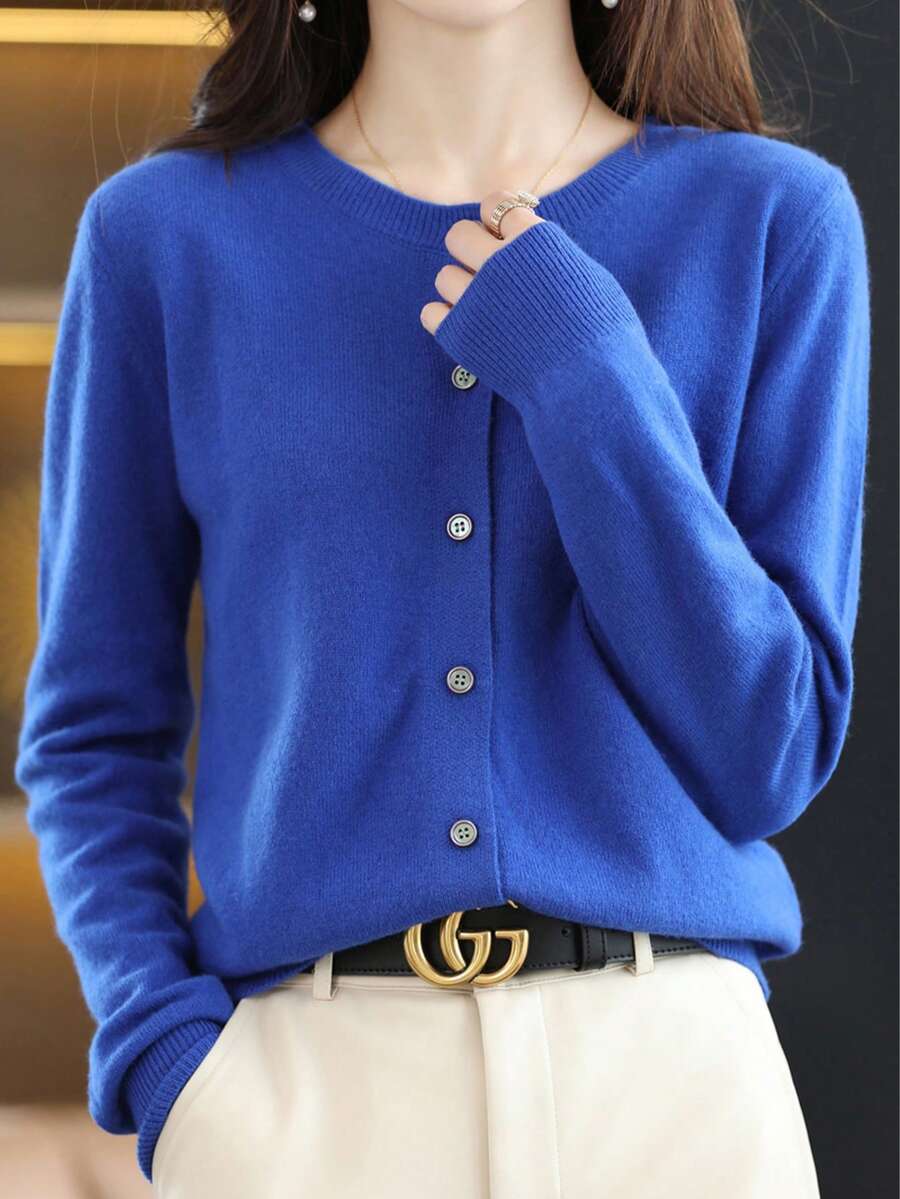 Cárdigan De Punto De Mujer, Cárdigan De Unicolor Con  Botón Delantero De Dama, Cárdigan De Punto Con Cuello  Redondo Para Mujer - Azul - Ver 1