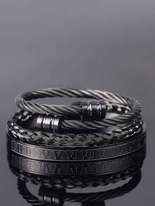 3 peças/Conjunto Pulseira de Aço Inoxidável Trançada com Números Romanos Criativa e da Moda para Homens, Adequada para Uso Diário, Festa, Presente para Namorado - Multicolorido - Visão 5
