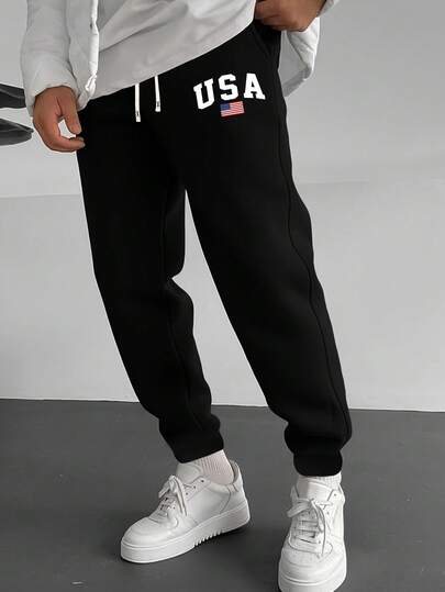 1 Piece Men's Casual Knitted Sweatpants With American Flag Print - Polyester Joggers With Elastic Waistband And Drawstring, Perfect For Outdoor Activities