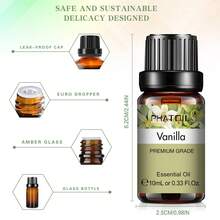 PHATOIL 1瓶10毫升/0.33液盎司精油，适用于香薰机、加湿器、芳香疗法、按摩、沐浴和放松，成分包括：薰衣草、茉莉、尤加利、香草、薄荷、檀香、乳香、甜橙、依兰、柠檬、玫瑰、佛手柑、茶树、丁香、柠檬草、广藿香、迷迭香、天竺葵、香茅、肉桂、葡萄柚、洋甘菊、快乐鼠尾草、生姜、没药、橘子、百里香、岩兰草。