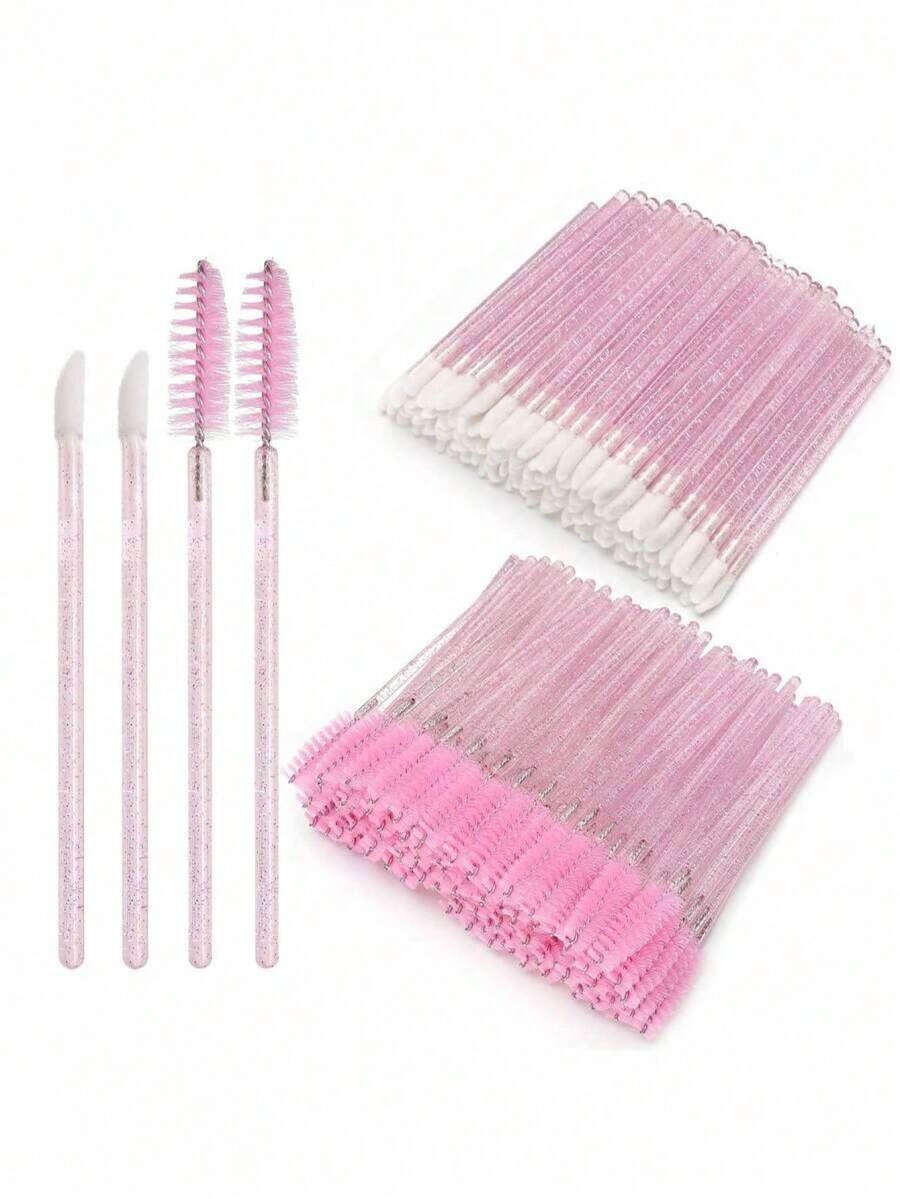 100pcs/50pcs Disposable Lip Brush, Mascara Wands, Eyelash & Eyebrow Brushes, Lipstick Applicators, Makeup Tools, Crystal Pink