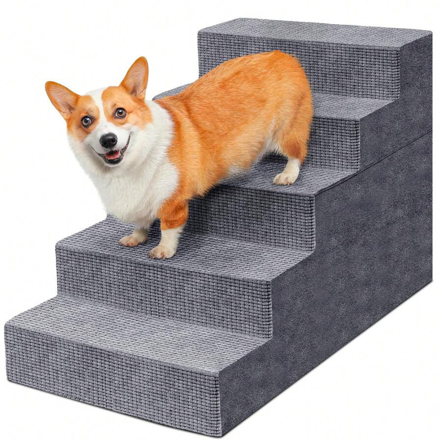 Heeyoo 4-Tier/5-Tier Pet Stairs For Small Dogs & Cats, Non-Slip Bottom Design For High Beds & Couches, High-Density Foam Steps With Removable Washable Cover - Grey-5 Steps - 查看 1