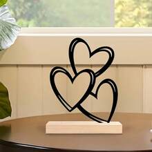 Letrero de hierro con forma de corazón hueco de tres niveles para San Valentín con base de madera, ideal para mesas, fiestas y eventos en casa. - Negro - Ver 4