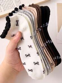 زوج واحد/5 أزواج من الجوارب القصيرة النسائية المريحة والجميلة بنمط الفيونكة، مناسبة للارتداء اليومي والخروجات، لجميع الفصول - متعدد الألوان - مشاهدة 1