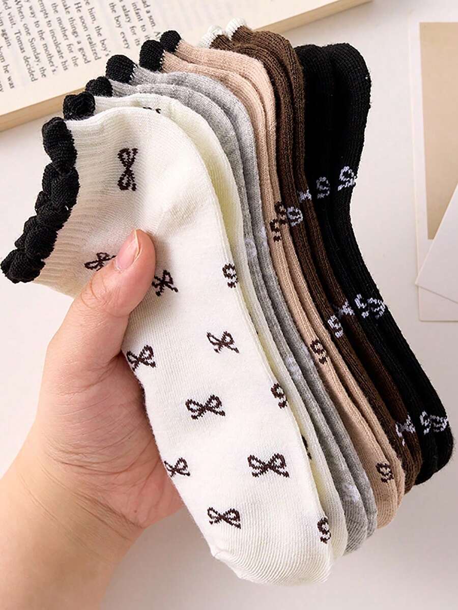 زوج واحد/5 أزواج من الجوارب القصيرة النسائية المريحة والجميلة بنمط الفيونكة، مناسبة للارتداء اليومي والخروجات، لجميع الفصول - متعدد الألوان - مشاهدة 1
