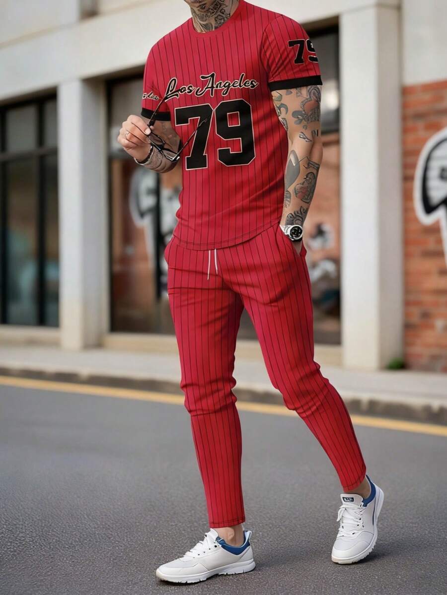 Men's Racing Style Numeric & Letter Print Short Sleeve T-Shirt And Drawstring Waist Casual Pants Set - Multicolor - View 1