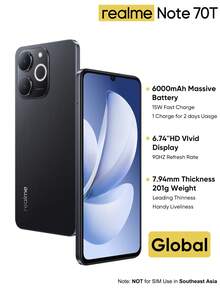 Realme Note 70T 智慧型手機 4GB+64GB/4GB+128GB/4GB+256GB 全球版 4G LTE，Android 15 解鎖手機，6000mAh 大電池，50MP AI 相機，90Hz 螢幕手機 Plus Light，15W 快充，8 核心晶片，不含適配器，越南 SIM 鎖定 - 黑色 - 查看 13
