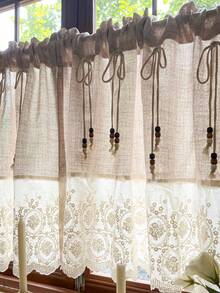 1件,波西米亚乡村风纯色短窗帘,木珠蝴蝶结绳饰拼接白色刺绣蕾丝,适用于小窗户、厨房窗户、咖啡厅半窗帘。 - 米色 - 查看 10