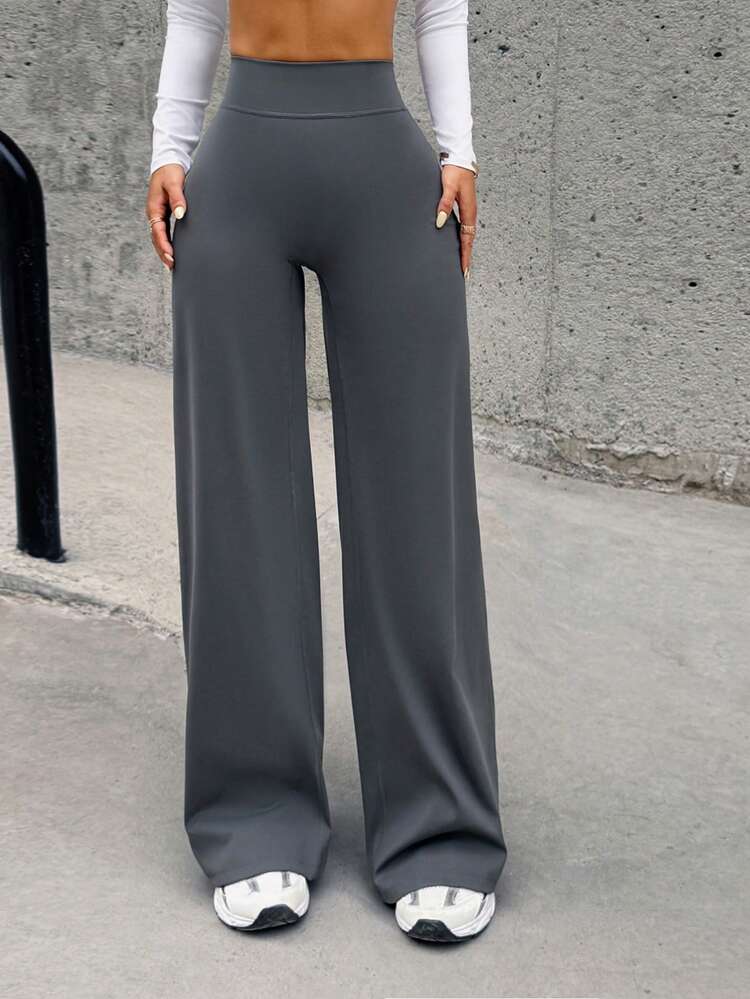 Pantalones rectos holgados de unicolor para mujer, adecuados para gimnasio, entrenamiento, correr, fitness y yoga en primavera y verano - Gris - Añade 6