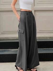 Pantalones anchos elegantes para oficina para mujer, de unicolor con bolsillos, para primavera/verano - Gris - Ver 5