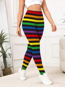 Women'S High Waist Rainbow Stripe Leggings, Polyester And Elastane Blend, High Stretch, Asymmetrical, Cute Style, Knit Fabric, For All Seasons - style - 查看 6