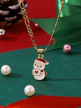 1件铜质优雅卡通珐琅雪人吊坠项链，适合作为圣诞节/感恩节/万圣节/母亲节/情人节礼物送给情侣/朋友/教父母，也适合作为天主教初领圣体礼物、日常及节日佩戴。